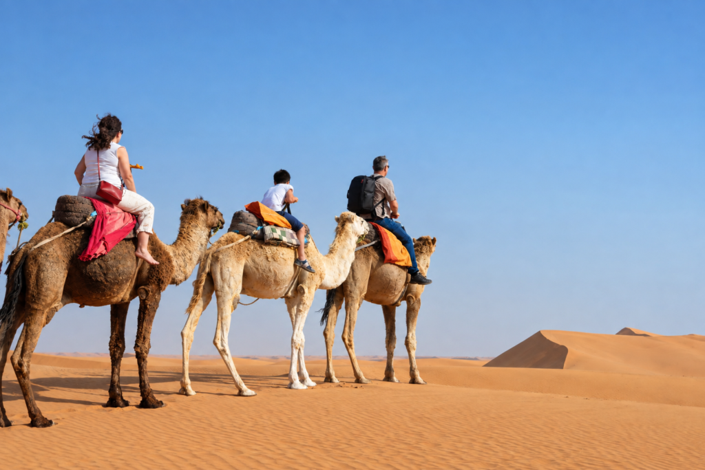 Camel riders travelling across the desert dunes in Abu Dhabi
