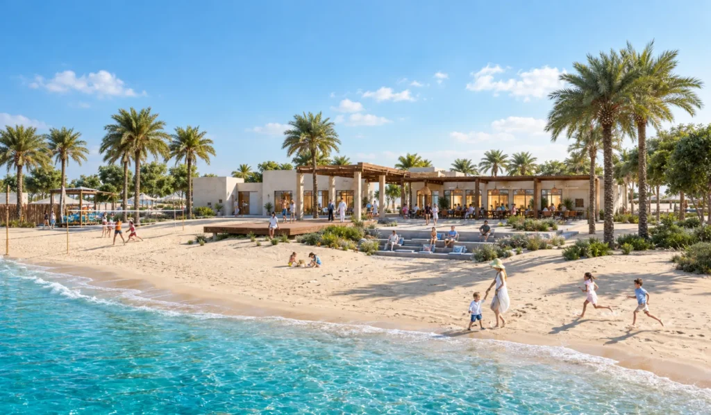 Beach clubhouse and family beach at Western Beach Resort, Al Silaa