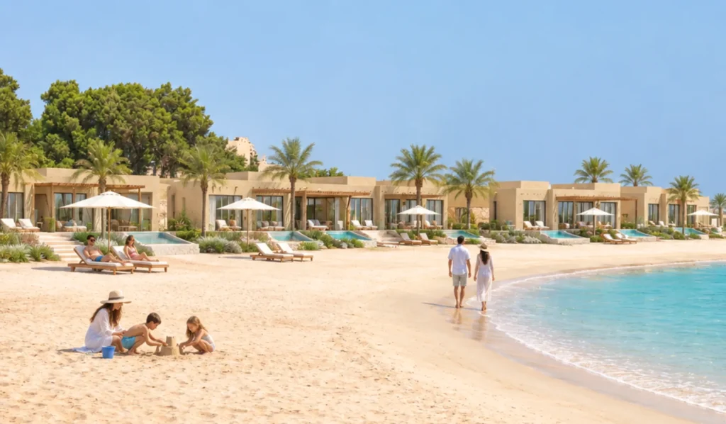 Families relaxing on the beach in front of the villas at Western Beach Resort, Al Silaa