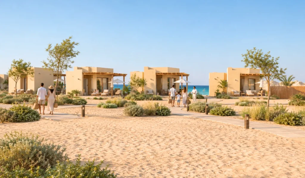 Landscaped pathways leading to sea-view villas at Western Beach Resort, Al Silaa